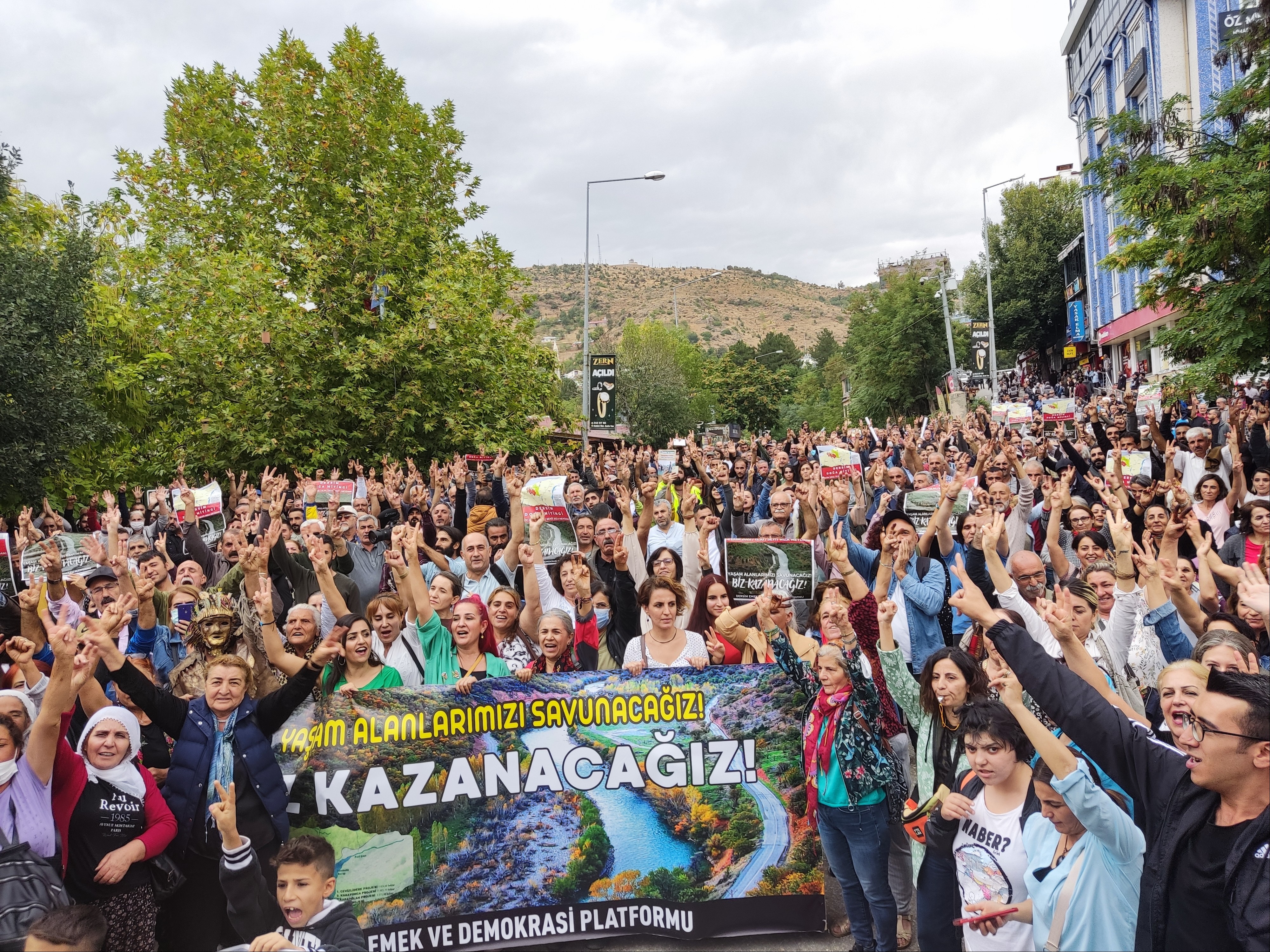 onbinlerce kişi ellerinde dövizlerle caddeyi doldurmuş bir şekilde yürüyor