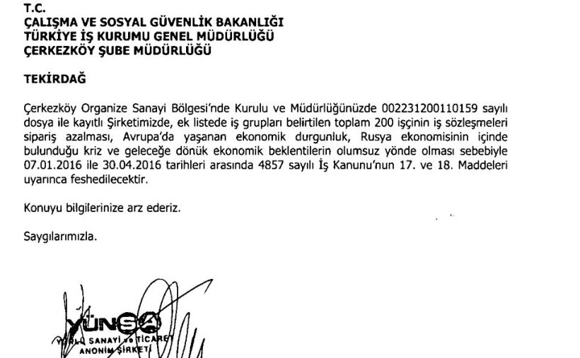 YÜNSA’da işçi kıyımı: 200 işçi işten atıldı