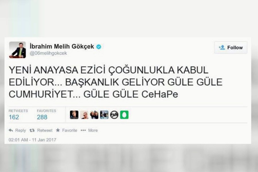 Melih Gökçek, 'Güle güle Cumhuriyet' tweetini yalanladı