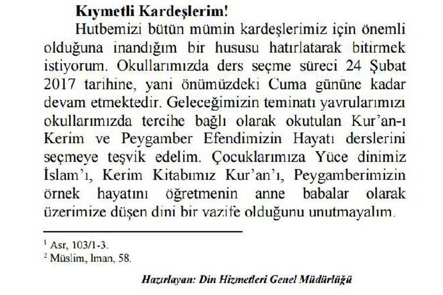 Diyanet'ten Cuma hutbesinde 'Seçmeli din dersi' propagandası