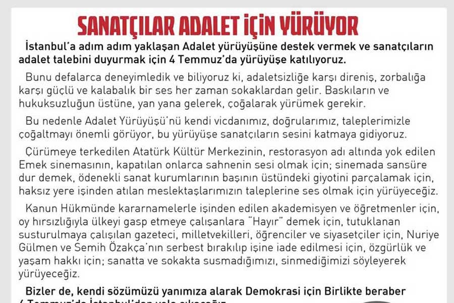 Sanatçılar ‘Adalet Yürüyüşü’ne katılacaklarını açıkladı