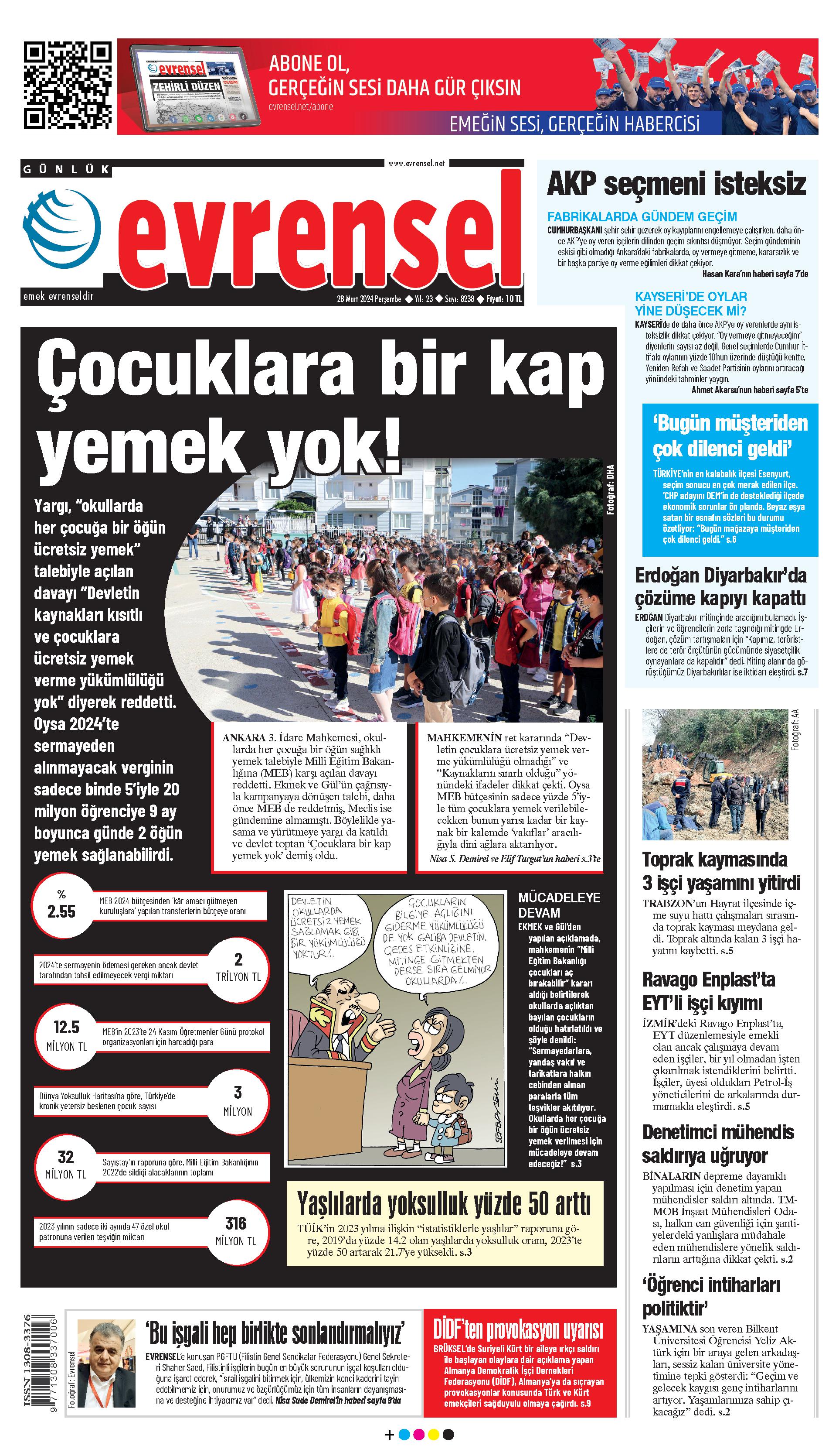 Evrensel Gazetesi Birinci Sayfa