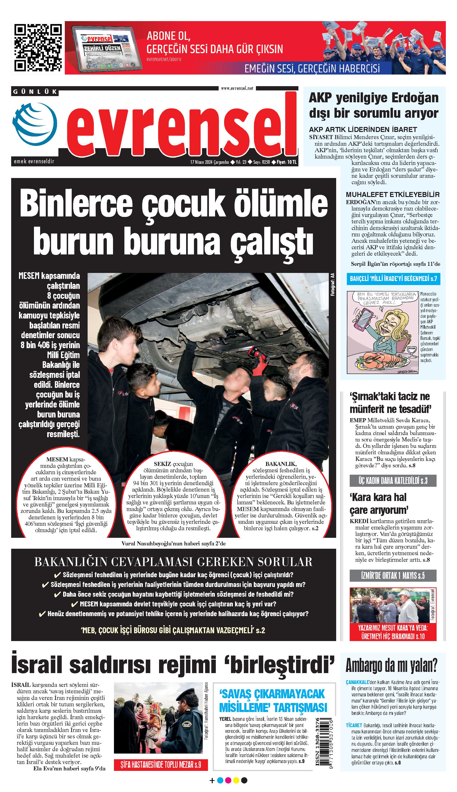 Evrensel Gazetesi Birinci Sayfa