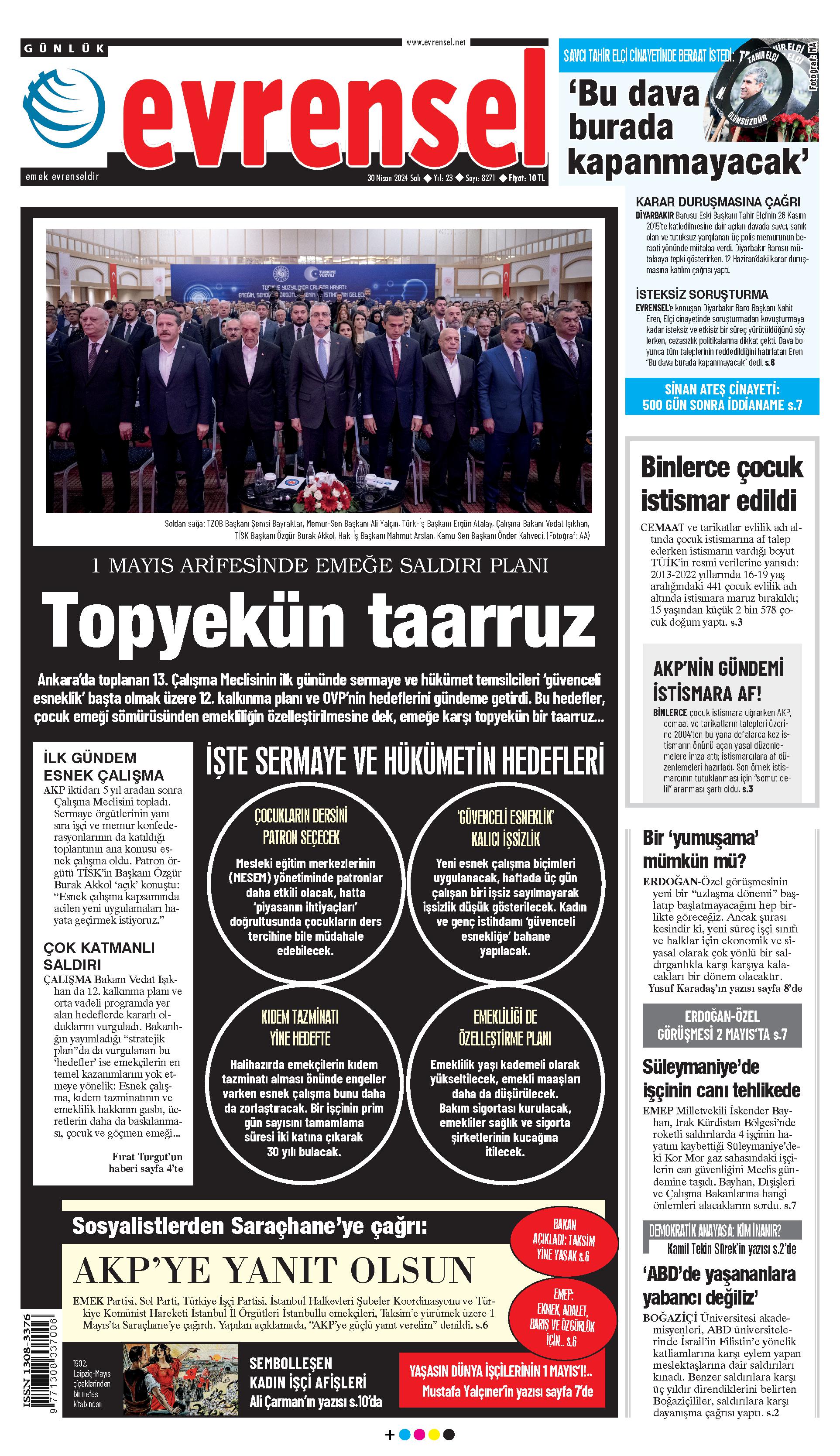 Evrensel Gazetesi Birinci Sayfa