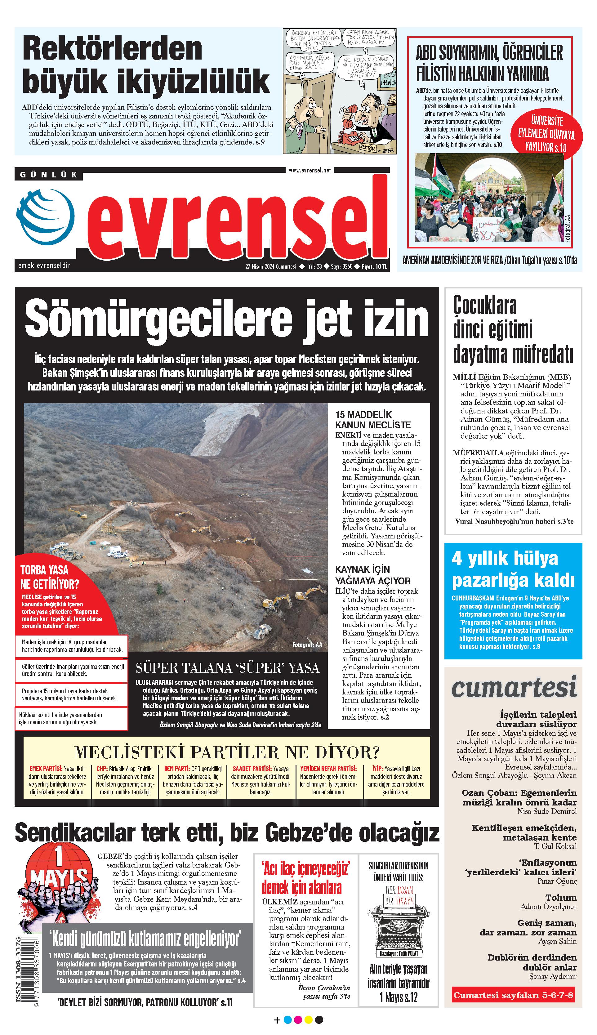 Evrensel Gazetesi Birinci Sayfa